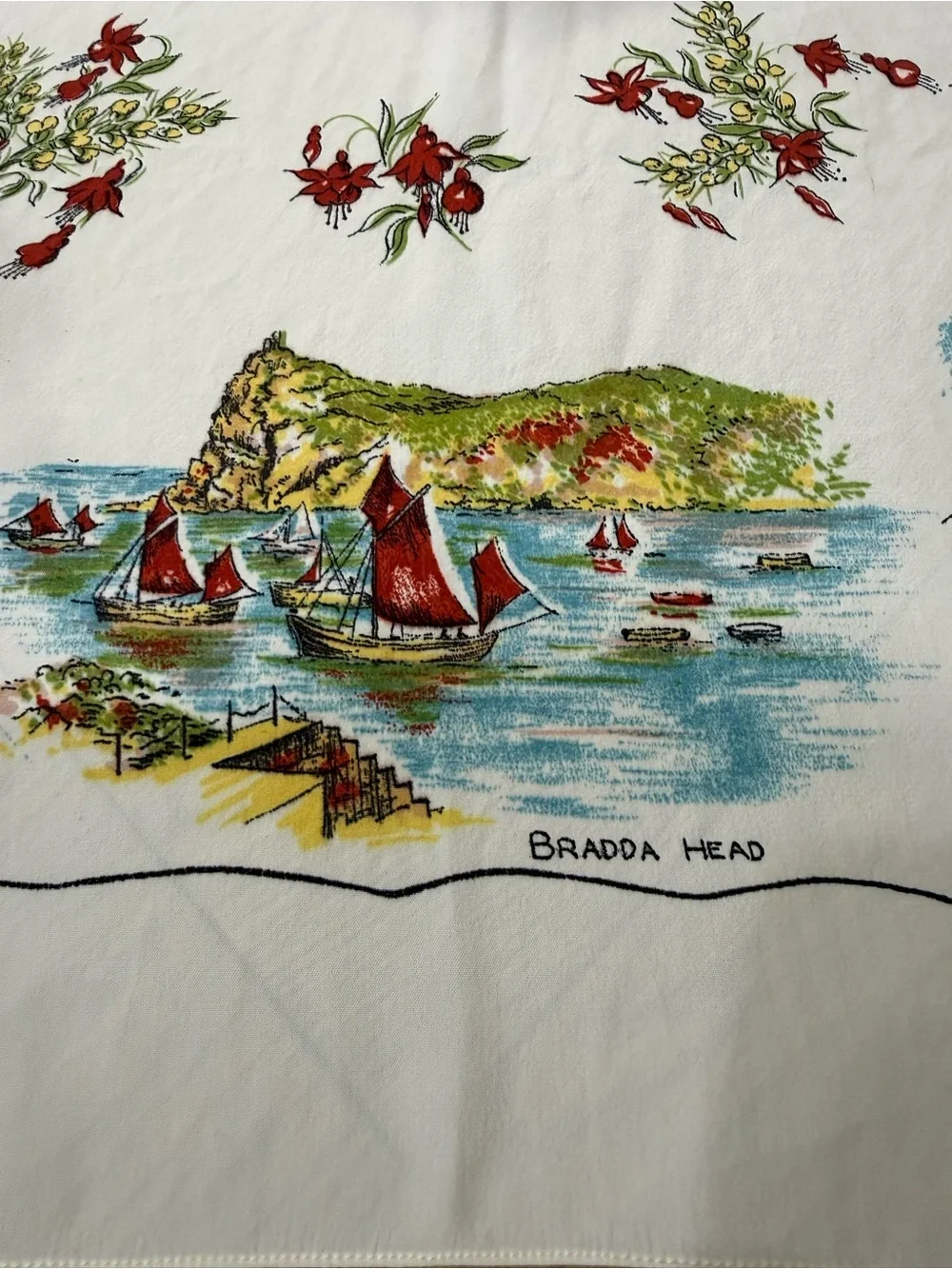 Vintage Isle of Man Souvenir Scarf 27” Bradda Head Douglas Travel Print